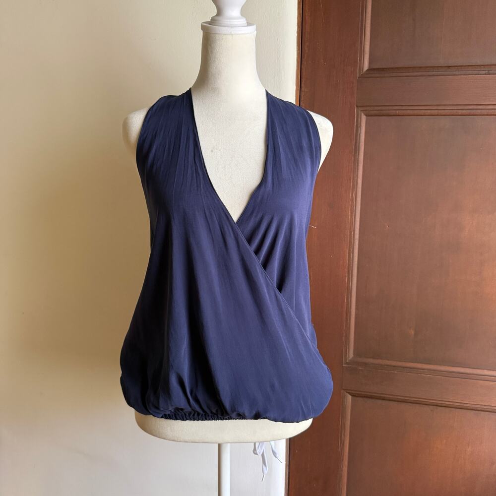Navy Blue 100% Silk Faux Wrap Draped Halter Top | Extra Small